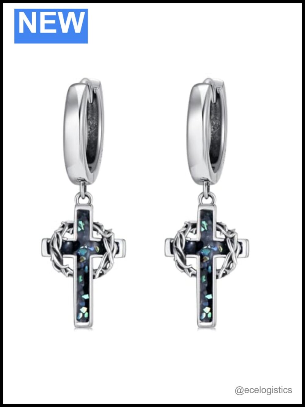 925 Sterling Silver Cross Dangle Earrings Abalone Hinged Hoop Christian Gift